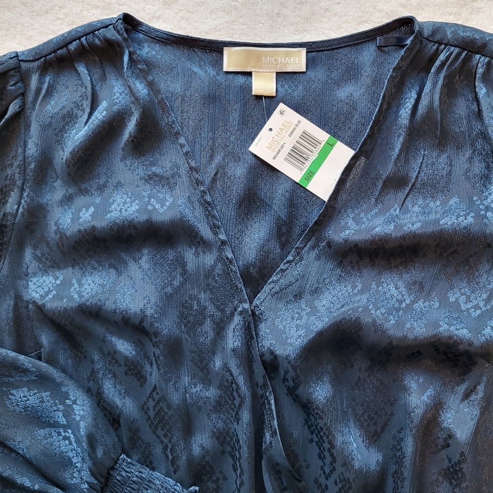 MICHAEL MICHAEL KORS Womens Dark Blue Faux Wrap Peplum Top - Size L (NWT) - Picture 5 of 9